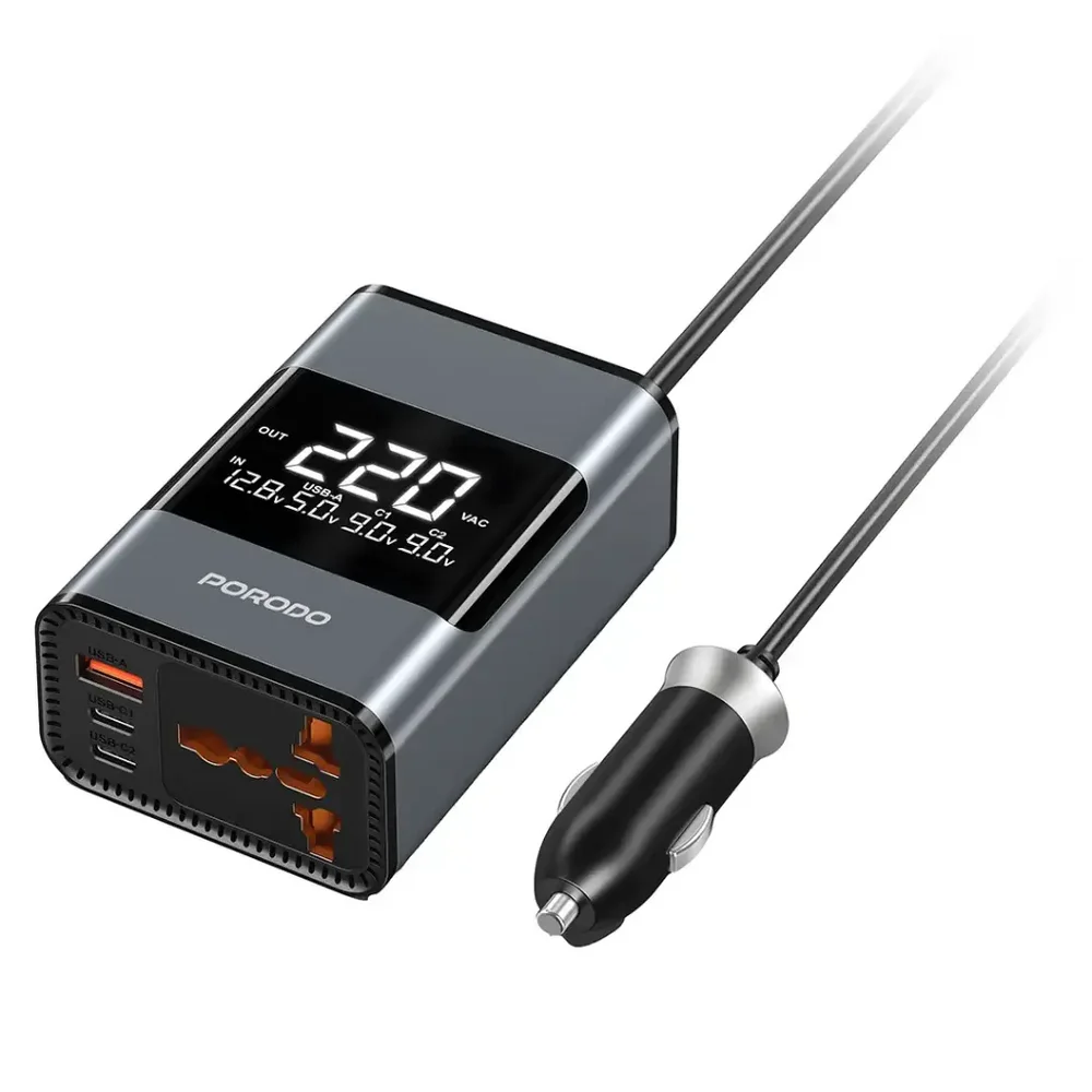 Porodo Universal AC Car Power Inverter – 200W with Voltage Monitor