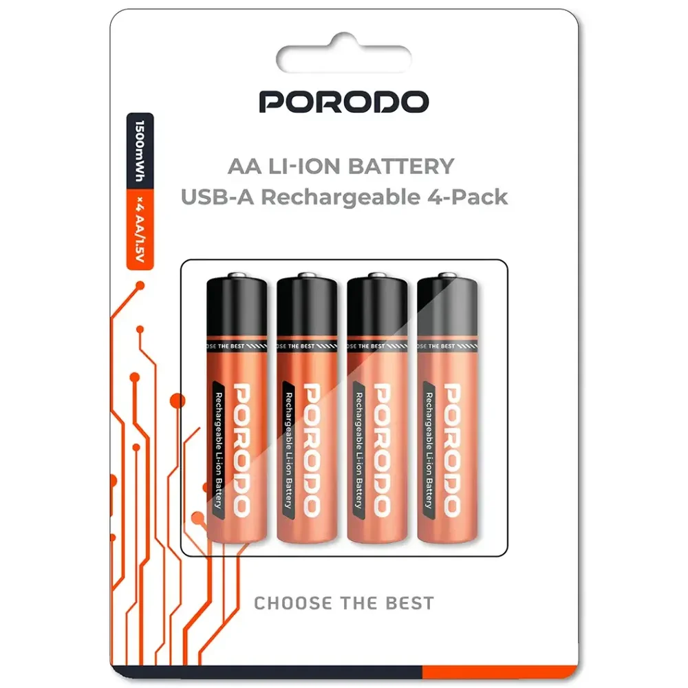 Porodo AA Li-Ion USB-A Rechargeable Batteries – 4-Pack