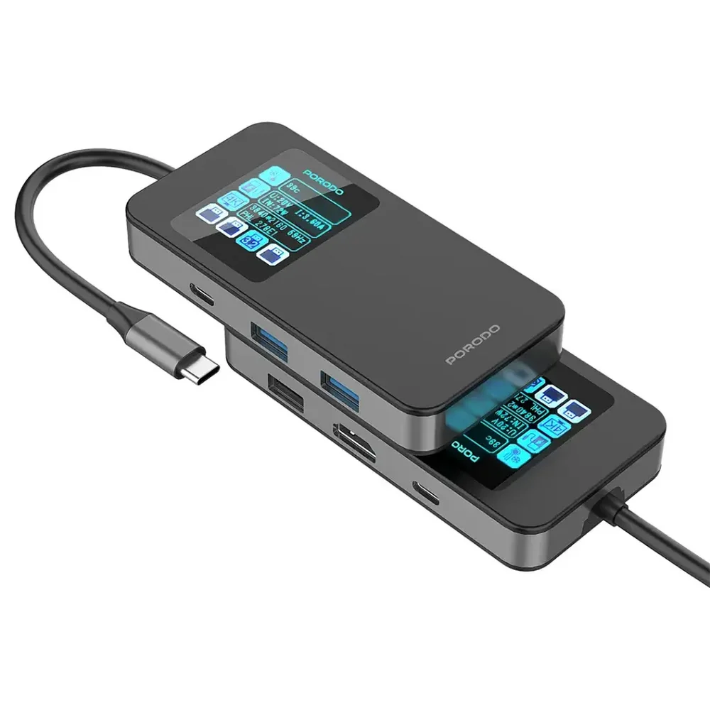 Porodo 6-in-1 Multi-Port USB-C Hub with Smart Digital Display