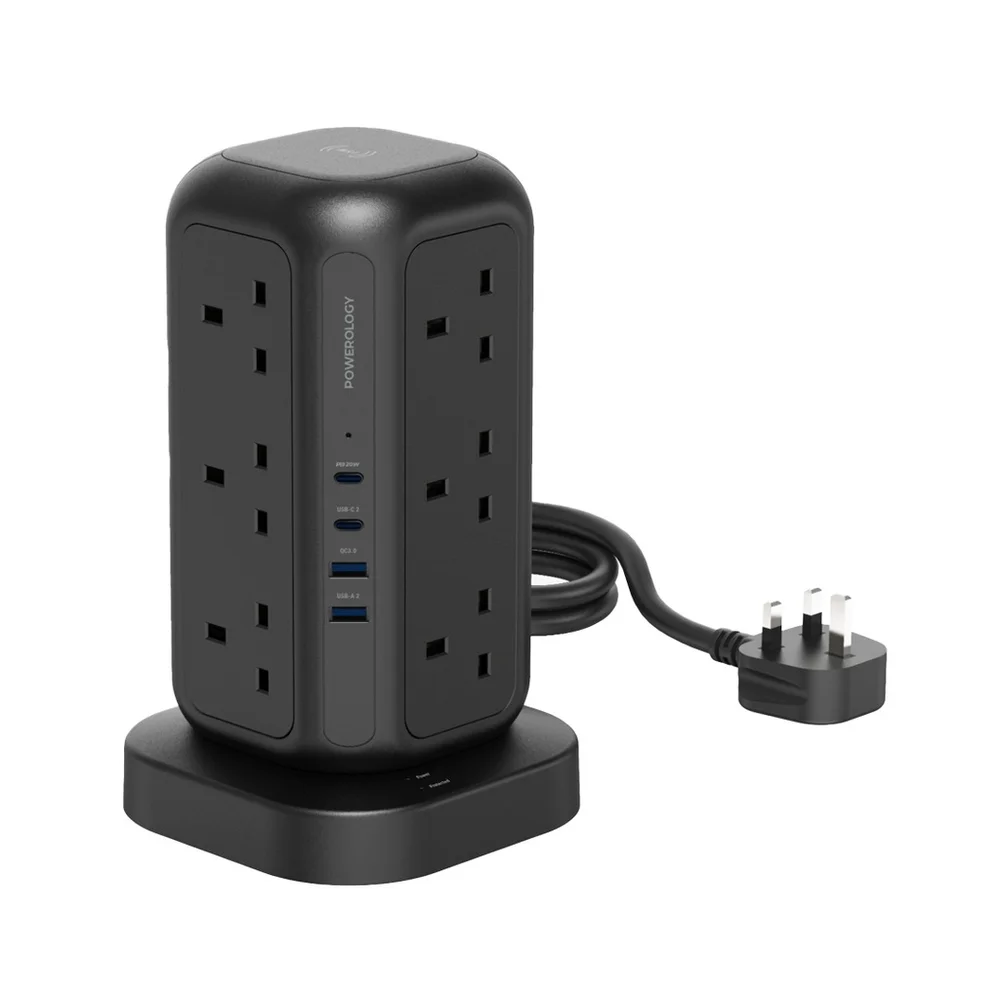 Powerology 12 AC Sockets GaN Tower Hub – 3250W | 15W Wireless | Surge Protected