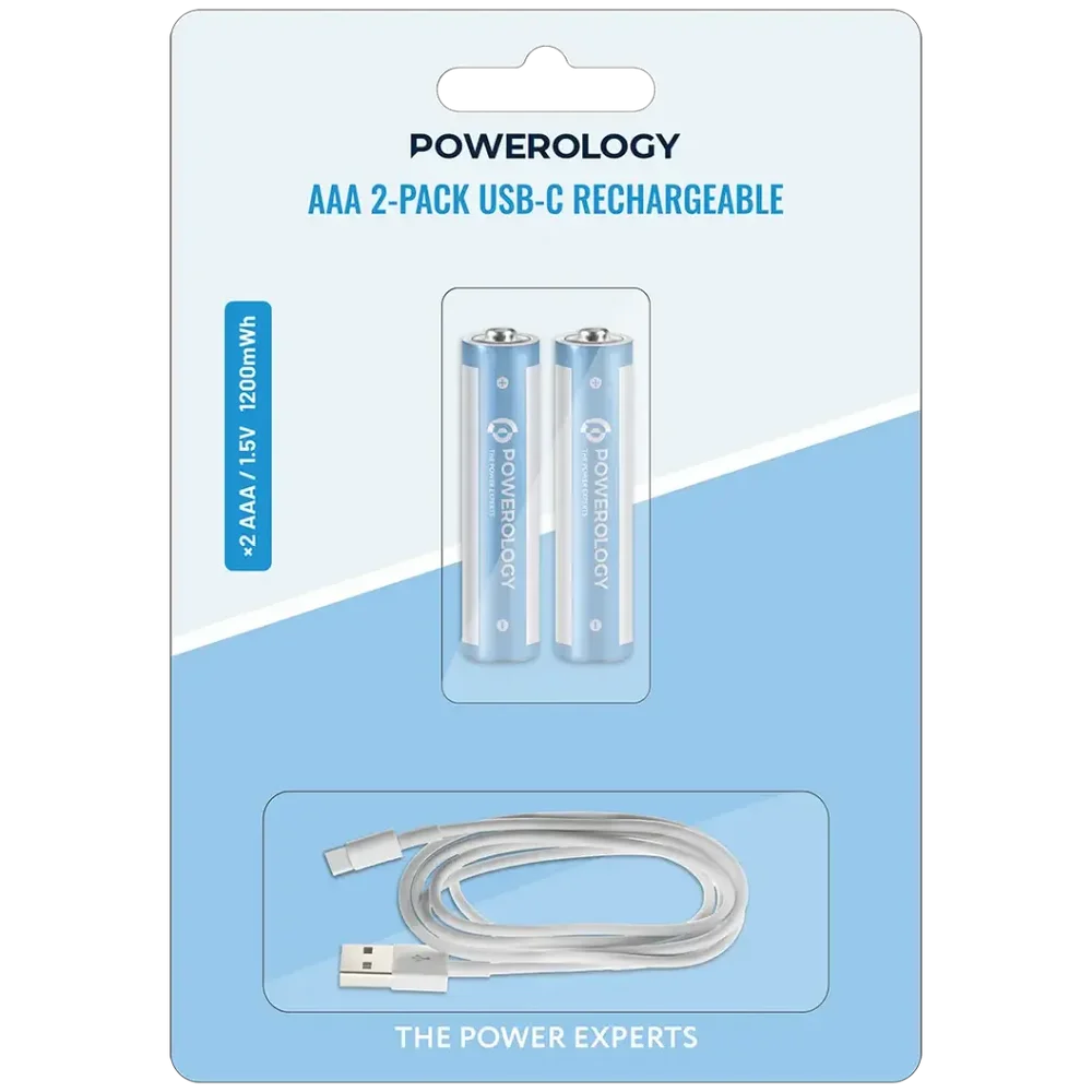 Powerology AAA USB-C Rechargeable Batteries (2-Pack)