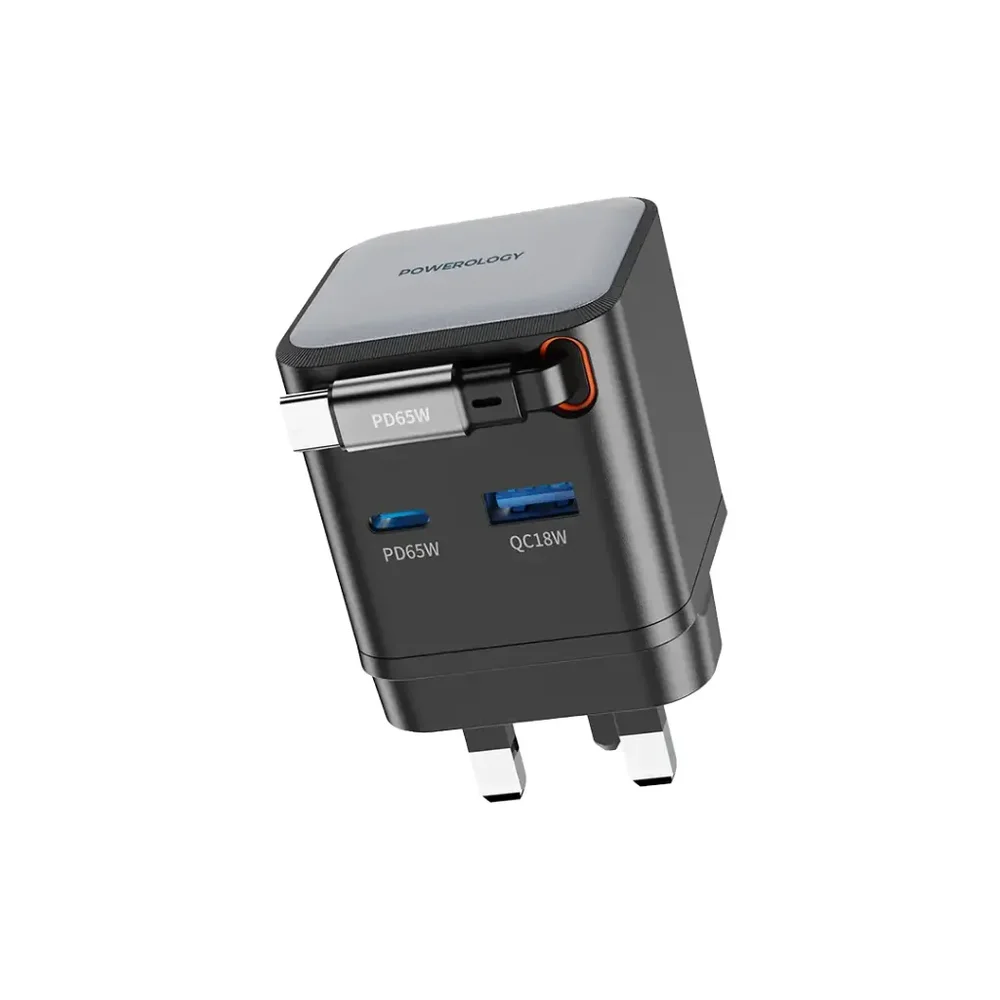 Powerology Dual-Port Retractable GaN Charger – 65W