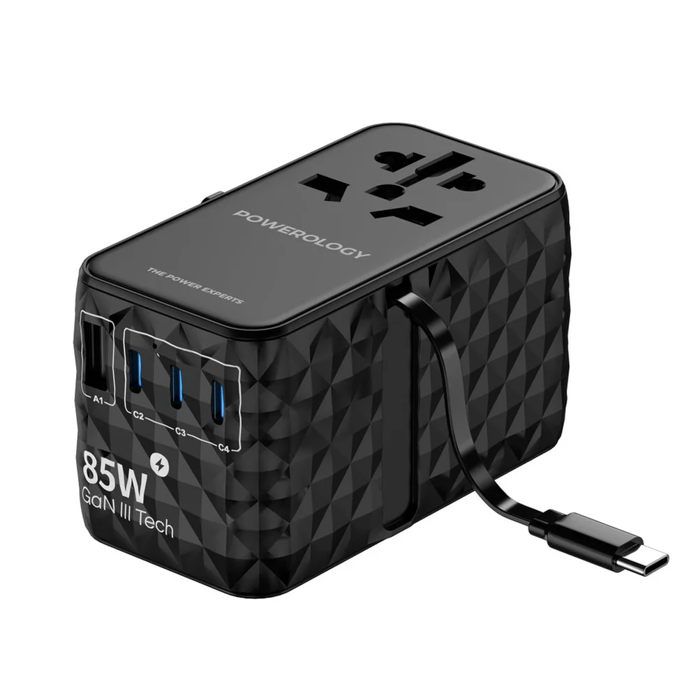 Powerology Universal GaN 85W Super Charger with Retractable USB-C Cable