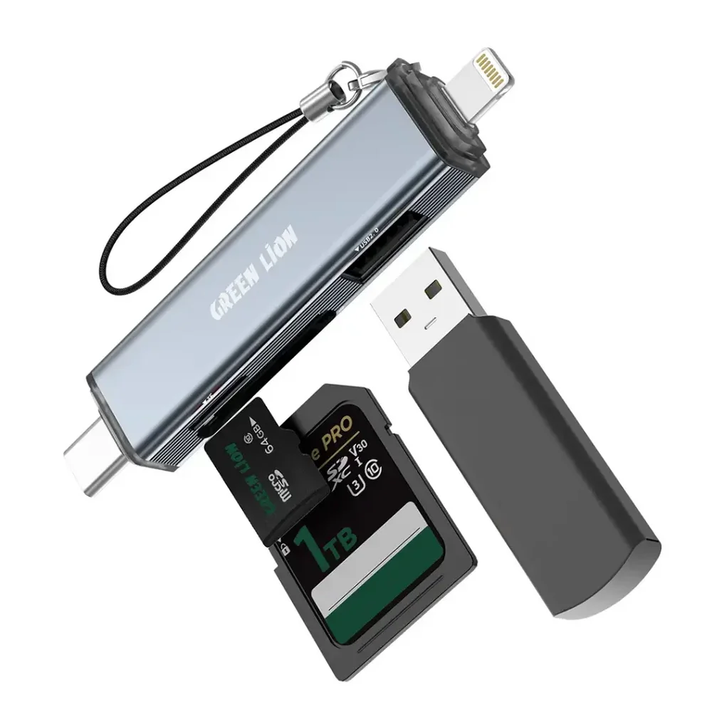 Green Lion 3-in-1 Card Reader with USB-C & Lightning Connectivity