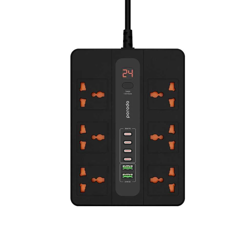 Porodo 6 AC 2 USB-A 24W & 4 USB-C PD 36W Multi-Port Super Hub 3M 3000W UK