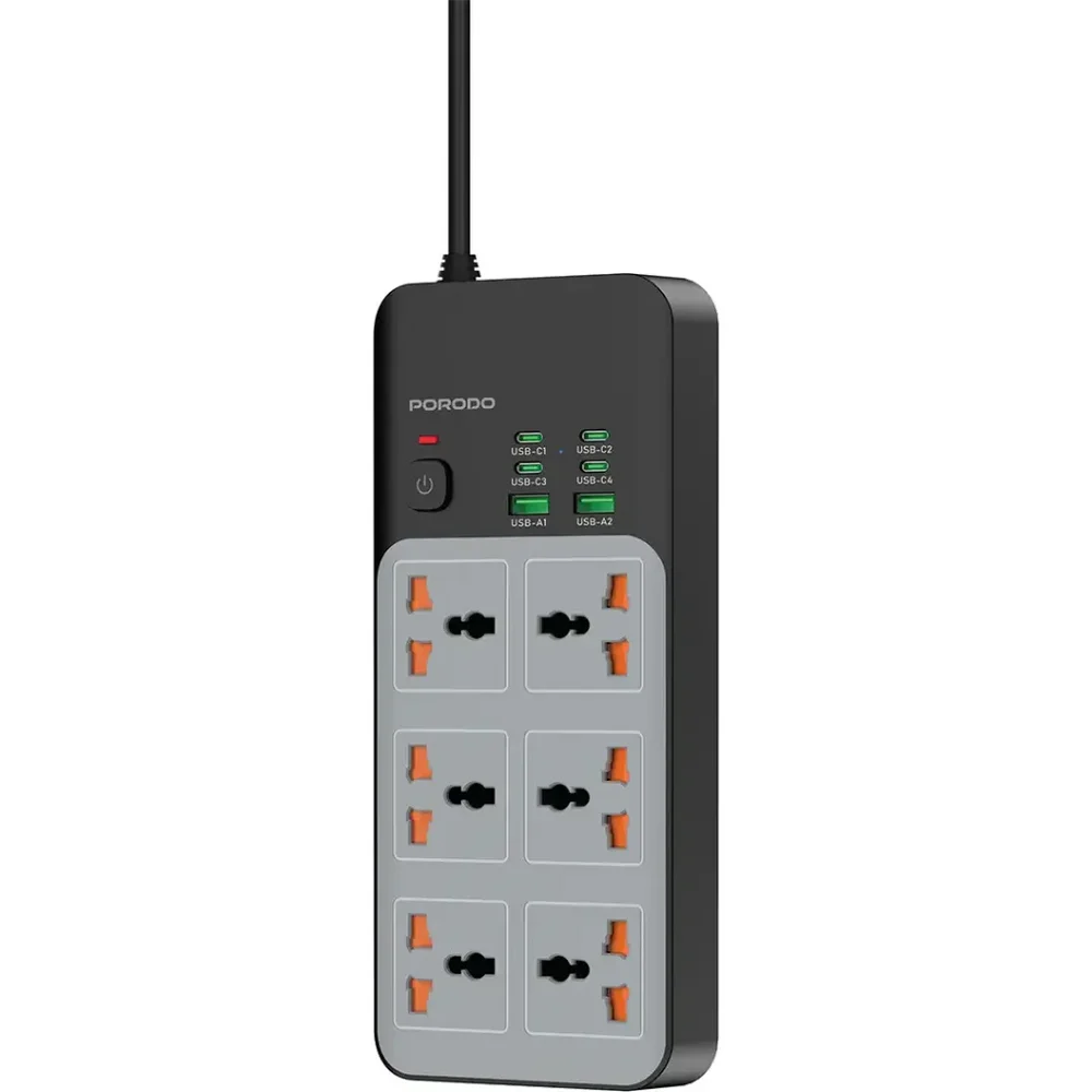Porodo 3000W Universal Power Strip with 6 AC Outlets and 6 USB Ports