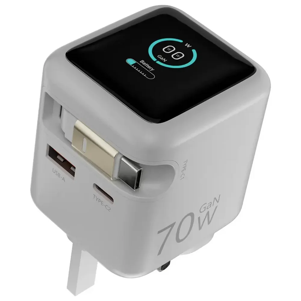 Powerology Halo Dual-Port GaN Charger with Retractable USB-C Cable – 70W
