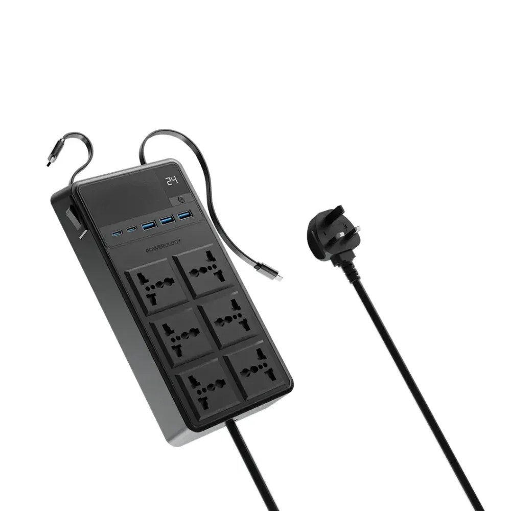 Powerology 2500W 6AC Power Strip with Retractable Cables