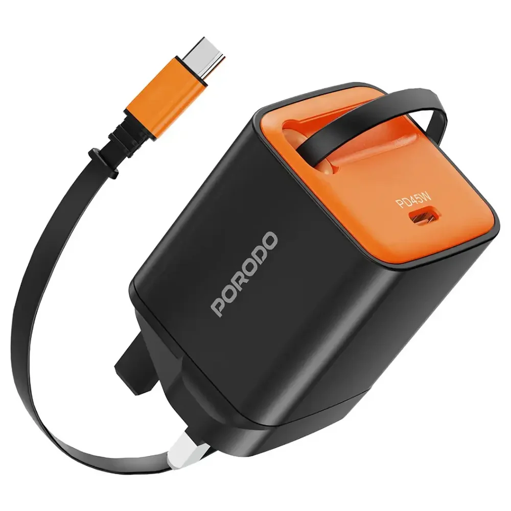 Porodo Tezpatro 45W GaN Charger with Retractable USB-C Cable