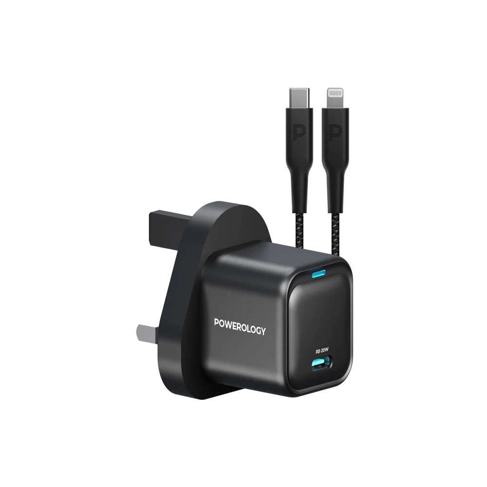 Powerology Ultra-Compact GaN Charger With USB-C To Lightning Cable 1.2m/4f