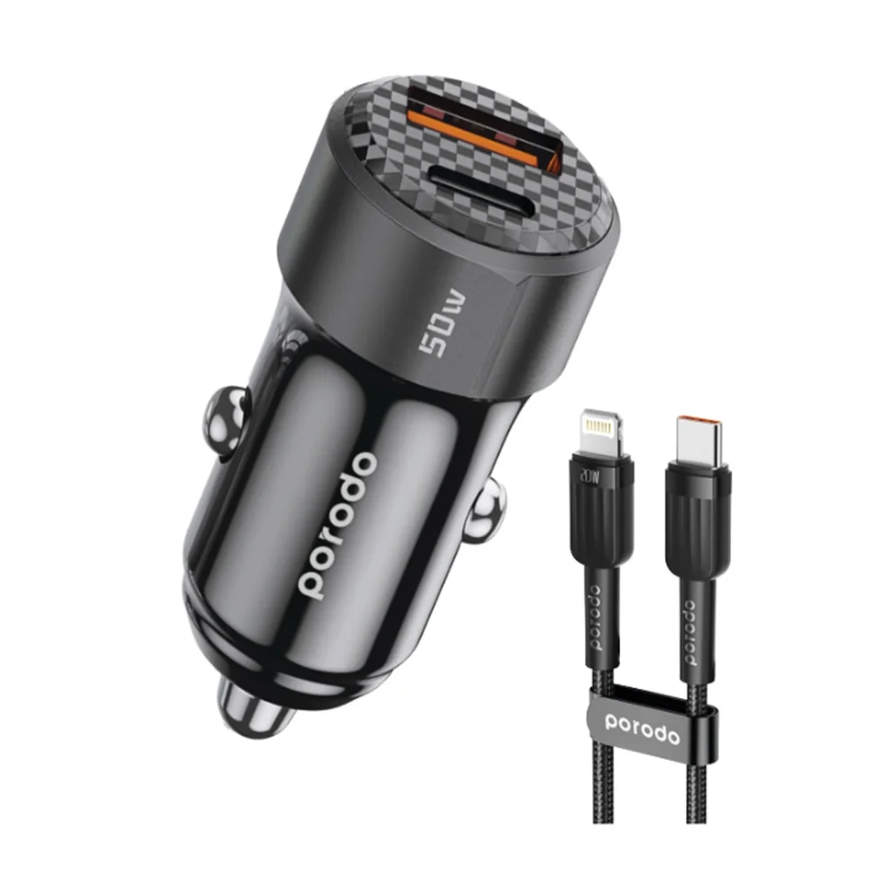 Porodo 50W Dual Port Car Charger PD 20W QC 30W with Type-C to Lightning Cable