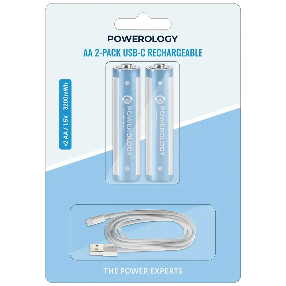 Powerology AA USB-C Rechargeable Batteries (2-Pack)
