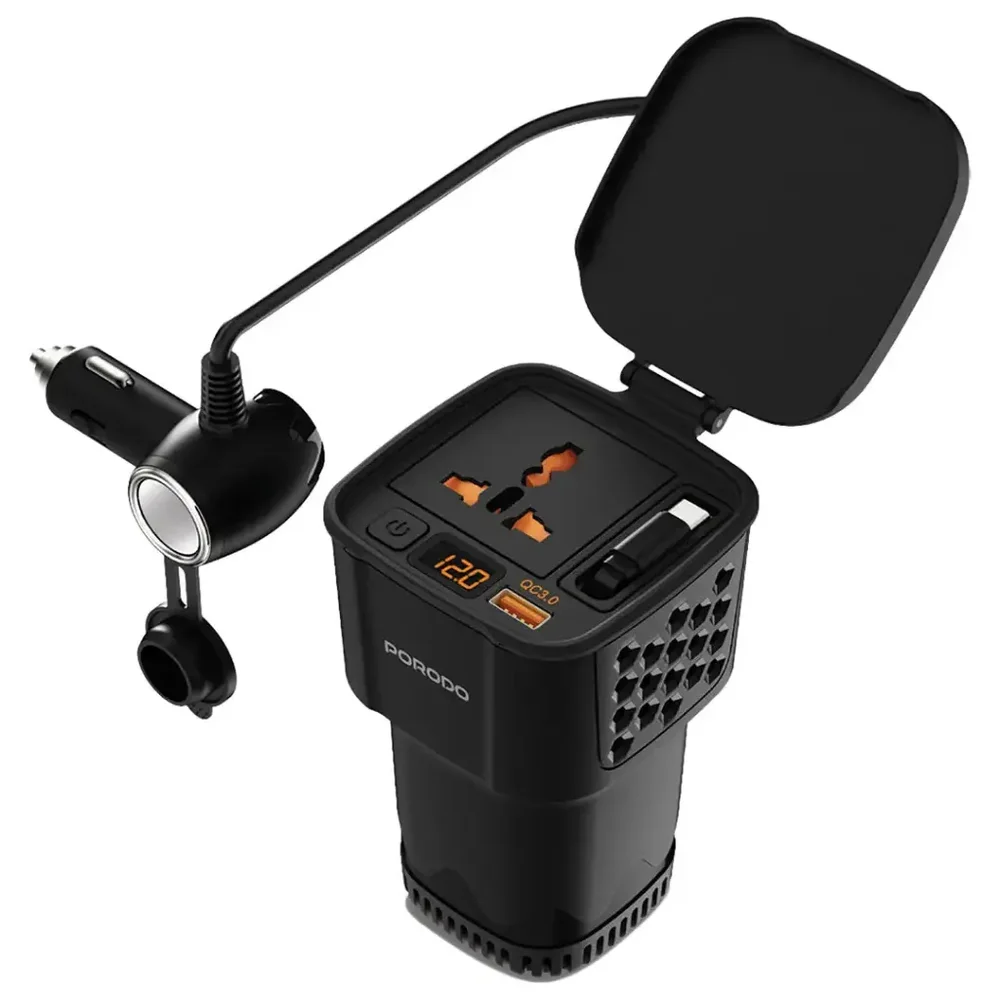 Porodo DriveStation 200W Car Power Inverter with Real-Time Voltage Display