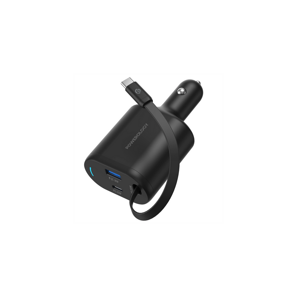 Powerology Type-C Retractable Car Charger – 70W | Triple Output | Fast Charge