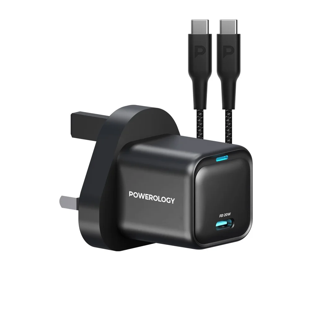 Powerology 20W Single C Port PD Charger UK with Type C to C 60W Cable