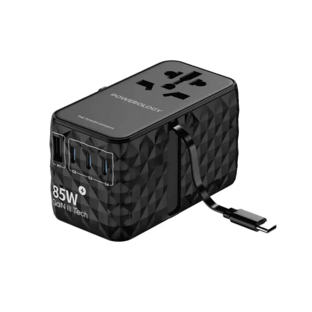 Powerology Universal Adapter PD 85W with retractable Type-C Cable