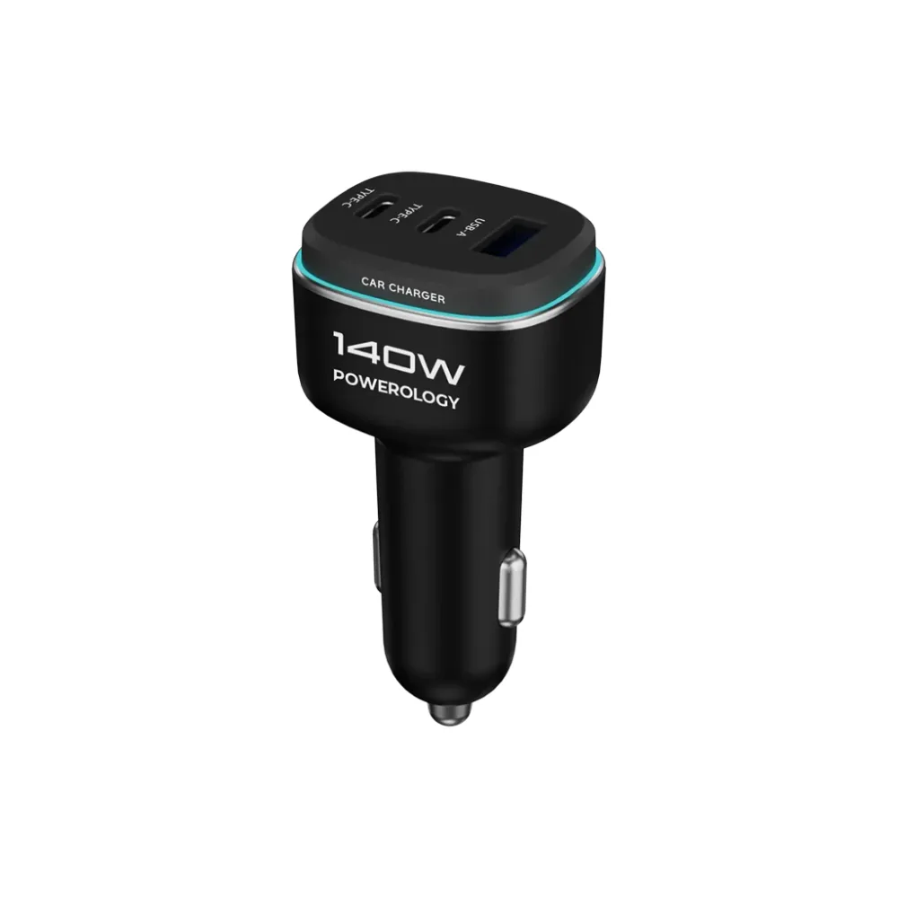 Powerology 140W Triple-Port High-Power Car Charger with USB-C Cable