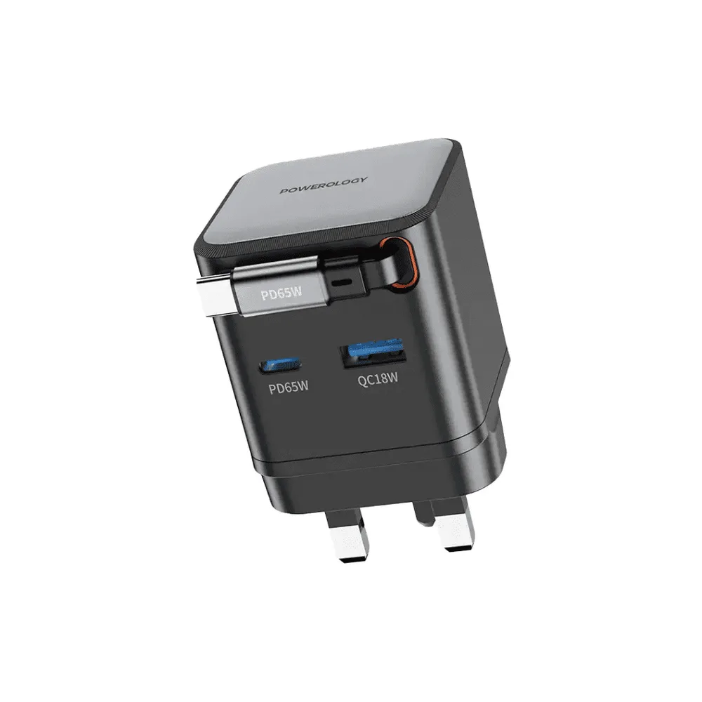 Powerology Dual Port PD 65W | Retractable GaN Charger