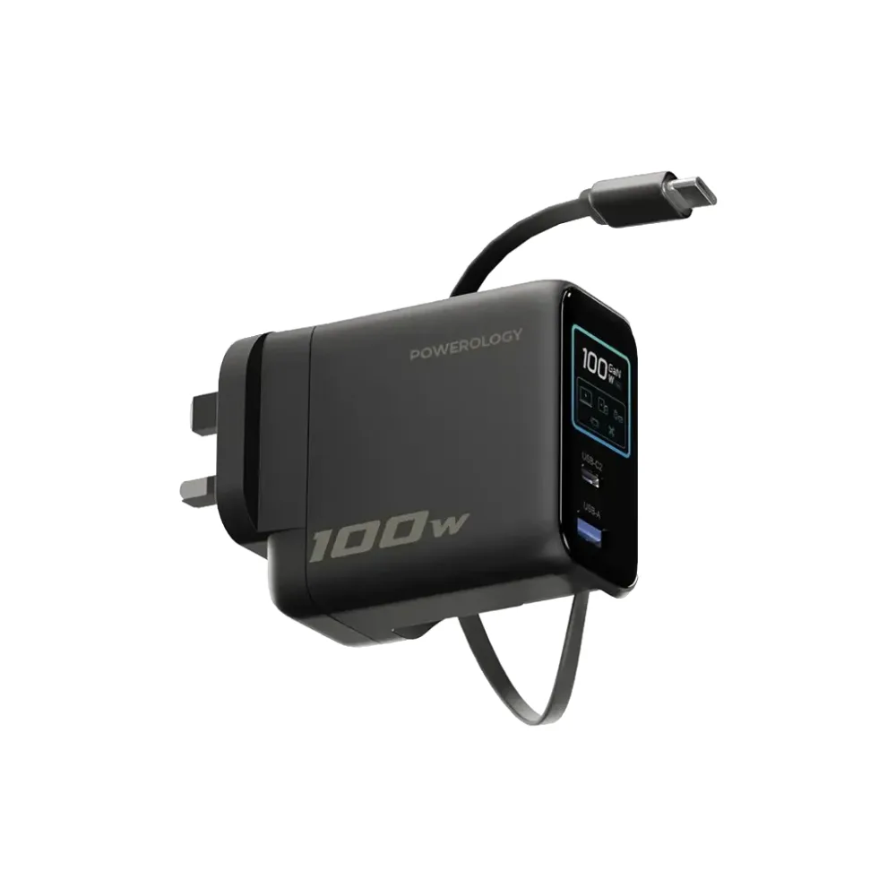 Powerology 100W TFT Adapter with Retractable Type-C Cable